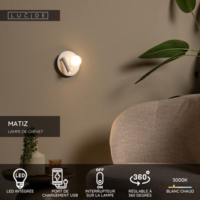 Lucide MATIZ - Lampe de chevet / Applique mural - Ø 16,5 cm - LED - 3000K - Point de rechargement USB - Blanc